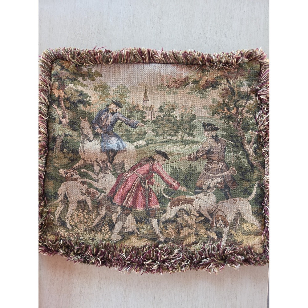 Vtg French Jacquard Tapestry pillow cover Equestrian Brush Fringe 18x17 *flaw